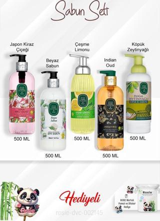 Sabun Paket 500 ML Çeşme Limonu, Indian Oud, Beyaz Sabun, Zeytinyağlı, Japon Kiraz Çiçeği ve Rosie