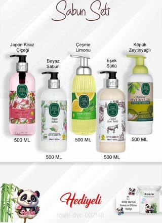 Sabun Paket 500 ML Zeytinyağlı, Eşek Sütlü, Beyaz Sabun, Çeşme Limonu, Japon Kiraz Çiçeği ve Rosie