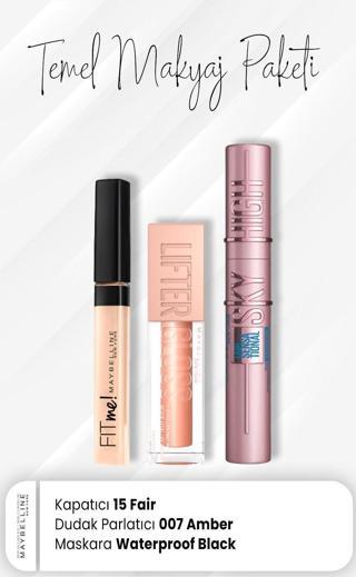 Maybelline New York Fit Me Kapatıcı 15, Sky High Waterproof Maskara Black ve Dudak Parlatıcı 007 Amber