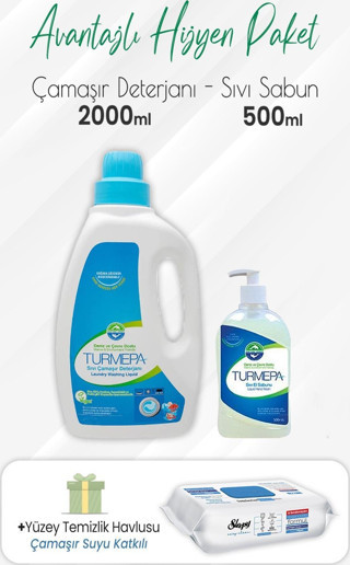 Turmepa Sıvı Sabun 500 ml, Çamaşır Deterjanı 2 lt ve Çamaşır Sulu Yüzey Temizlik 100'lü
