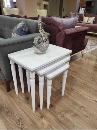 Akset 3Lü Lüx Zigon Sehpa Beyaz Gümüş