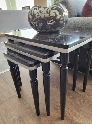 Akset 3Lü Lüx Zigon Sehpa Siyah Mermer Gümüş