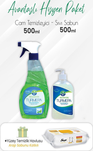 Turmepa Cam Temizleyici 500 ml, Sıvı Sabun 500 ml ve Arap Sabunlu 100'lü