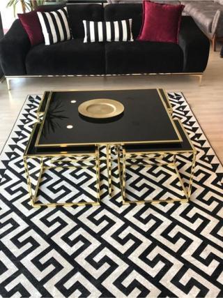 Onur Design Kante Metal Gold Kaplama Siyah Camlı Kare Orta Sehpa 4+1 92x92 cm