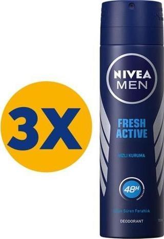 NIVEA Men Erkek Sprey Deodorant Fresh Active 48 Saat Deodorant Koruması 150 ml x3 Adet