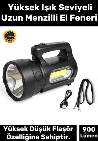 Premium 3 Modlu Beyaz Aydınlatma Işık 250 Metre Mesafeli 1200mAh Pil 900 Lümen Ultra Güçlü El Feneri