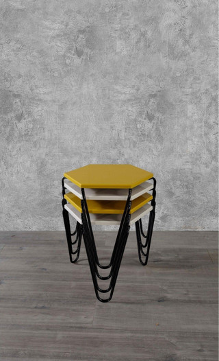 Veys Sehpa 4 Lü Piramit Zigon Sehpa - Siyah Ayaklı - Sarı - Krem