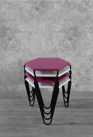 Veys Sehpa 4 Lü Piramit Zigon Sehpa - Siyah Ayaklı - Fuşya- Beyaz