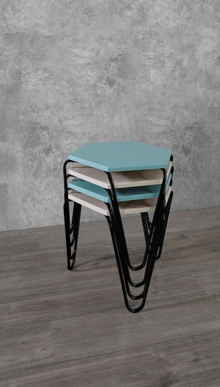 Veys Sehpa 4 Lü Piramit Zigon Sehpa - Siyah Ayaklı - Krem - Mavi