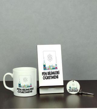 Hediyelen Fen Bilimleri Öğretmeni Üçlü Set (Kupa + Telefon Standı + Anahtarlık)
