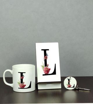Hediyelen L Harfi Üçlü Set (Kupa + Telefon Standı + Anahtarlık)