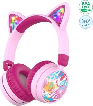 iClever Kedi Kulaklı Led Işıklı Güvenli Ses Sınırlı 60 Saat Oynatma Süreli Bluetooth Çocuk Kulaklığı Pembe