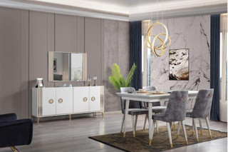 Mobilya Bazarı Lora Aytaşı Yemek Odası Takımı(Yemek Masası - 6 Sandalye - Konsol Ve Aynası)