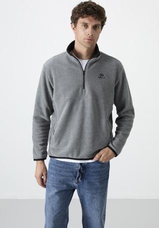 Gri Melanj Yarım Fermuarlı Sweatshirt Slim Fit Dik Yaka Erkek Polar - 87891