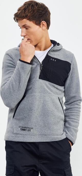 Gri Melanj Nakışlı Yarım Fermuar Kapüşonlu Standart Kalıp Erkek Polar Sweatshirt - 87996