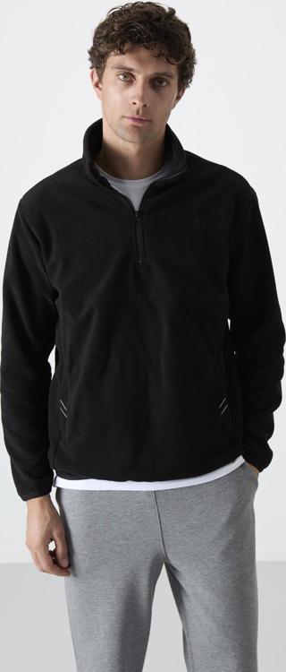Siyah Yarım Fermuarlı Sweatshirt Slim Fit Dik Yaka Erkek Polar - 87891