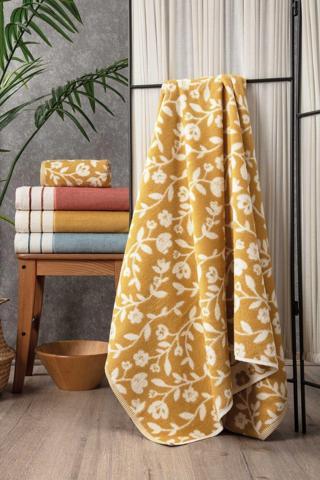 Sevim Çiçek Desenli Ipliği Boyalı Hardal Banyo Havlusu - Yüksek Su Emici & Yumuşak - 90X150 Cm - %100Pamuk