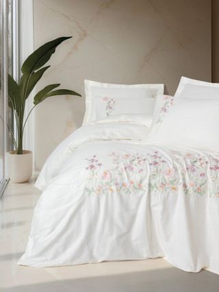 Cotton Box 3D Nakışlı Saten Çift Kişilik Nevresim Takımı Zephy Ekru