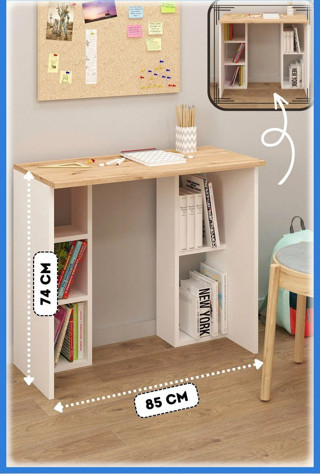 Luis Raflı Çalışma Masası, Beyaz Detroit Kitaplıklı Bilgisayar Masası, Ofis Ders Laptop Masası