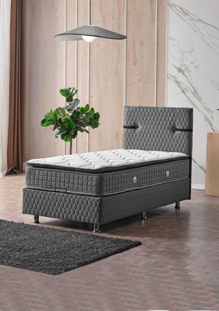 Kagu Aston Baza Başlık Yatak Gri Pedli Yatak Tek Kişilik 90X190 Cm