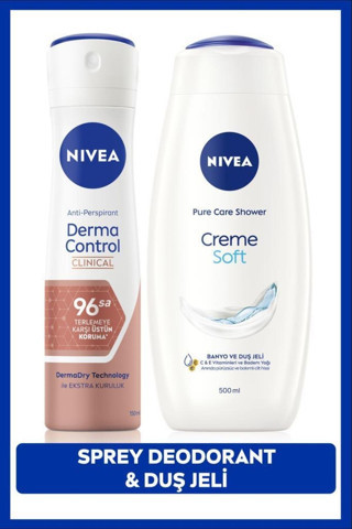 Creme Soft Duş Jeli 500ml Ve Kadın Sprey Deodorant Derma Control Clinical 50ml, 96saat Ter Koruması