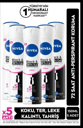 Kadın Sprey Deodorant Black&white Invisible Clear 150ml, 48 Saat Anti-perspirant Koruma, X5 Adet