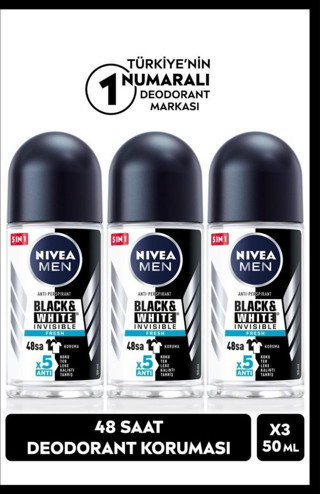Men Erkek Roll-on Deodorant Black&white Fresh 50ml, 48 Saat Koruma, X3 Adet