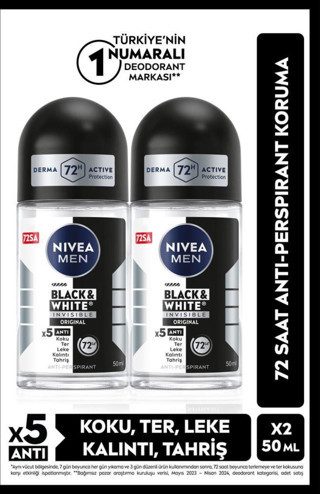MEN Erkek Roll-on Deodorant Black&White Invisible Original 50ml, 72 Saat Anti-perspirant, X2 Adet