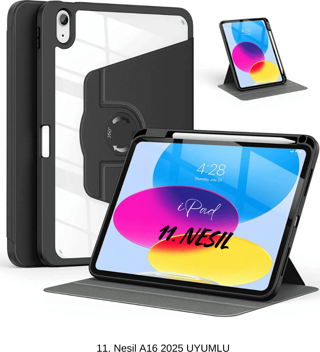 iPad 11. Nesil A16 2025 Uyumlu 360° Dönebilen Yatay Dikey Standlı Fuchsia Pino Tablet Kılıfı