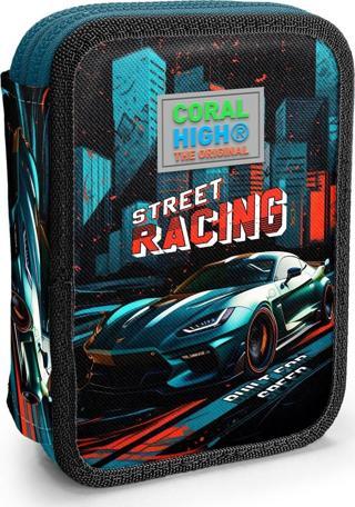 Coral High Kids Siyah Nefti Yarış Arabası Desenli Çift Katlı Kalem Çanta 11151