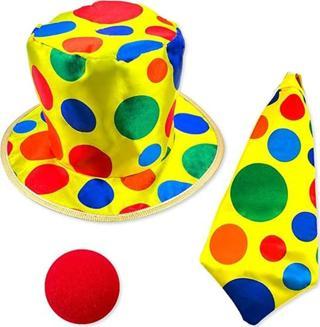 Renkli Palyaço Kostüm Seti – 3 Parça Aksesuar (Şapka, Kravat, Burun) TdrTR