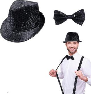 Siyah Payetli Şapka ve Papyon Seti – Parıltılı Yetişkin Kostüm Seti TdrTR