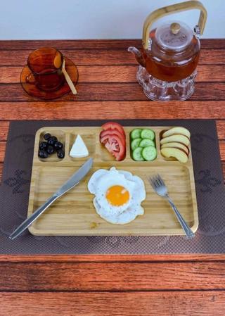 Nora - Bambu Sunum Ve Kahvaltı Tabağı, Steak Sunum Tabağı Büyük Boy Bambu Tabak 6 Bölmeli 32 X 24 Cm