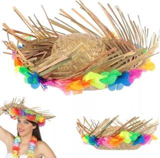 Nessiworld Naturel Renk Püsküllü Örme Hasır Hawaii Luau Aloha Şapka 13x36 cm