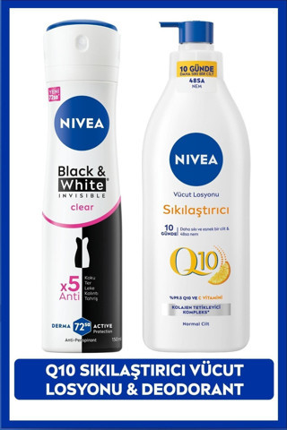 Kadın Sprey Deodorant Black&White Clear 150ml, Q10 Sıkılaştırıcı ve Nemlendirici Vücut Losyonu 400ml