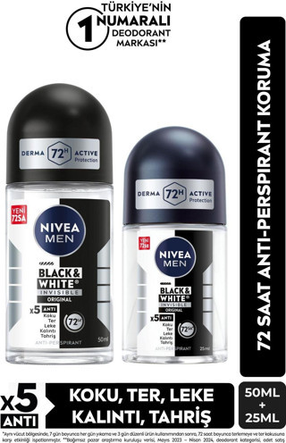 MEN Erkek Roll-on Deodorant Black&White Invisible Original 50ml Ve Mini Roll-on 25ml, 72 Saat Koruma