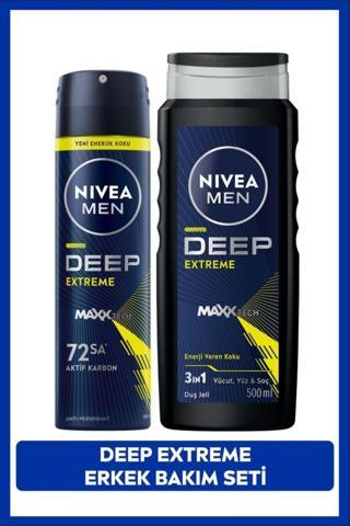 MEN Erkek Sprey Deodorant Deep Extreme 150ml ve Duş Jeli 500ml, Vücut SaçYüz, 72Saat Anti-perspirant