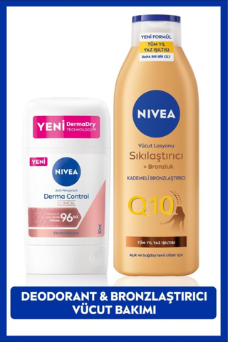 Q10 Sıkılaştırıcı Bronzluk Vücut Losyonu 200ml ve Kadın Stick Deodorant Derma Control Clinical 50ml