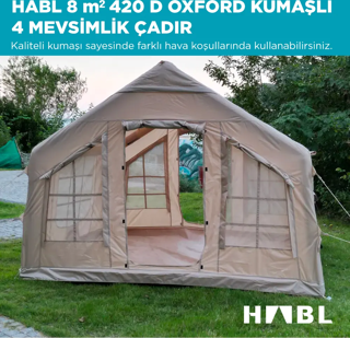 Habl 8 Kişilik 8m2 Su,Rüzgar ve Kar Geçirmez 420D Oxford Kumaşlı 4 Mevsim Şişme Çadır 320*250*220cm