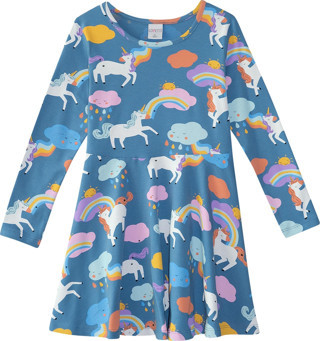 Kız Çocuk Lady Unicorn Desen Uzun Kol Elbise