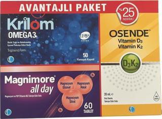 Krilom Omega3 50 Kapsül+ Magnimore Allday 60 Tablet + Osende D3k2 20 ml Avantajlı Paket