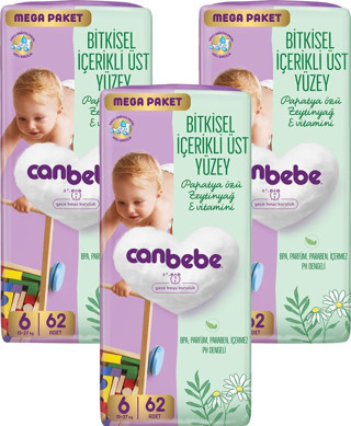 Canbebe Bebek Bezi Mega Paket 6 Beden XL (15-27kg) 62 li x 3 Adet