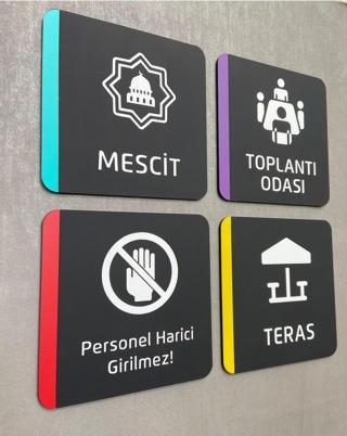 Yönline 4 Adet Colour Seri Uyarı Levhaları Personel Harici Giremez, Toplantı Odası, Mescit, Teras