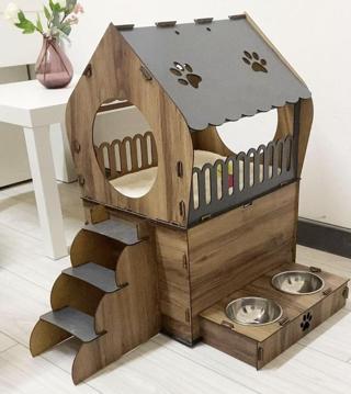 Reyo Pet Dekoratif Teraslı Kedi Evi ve Mama Kabı Seti