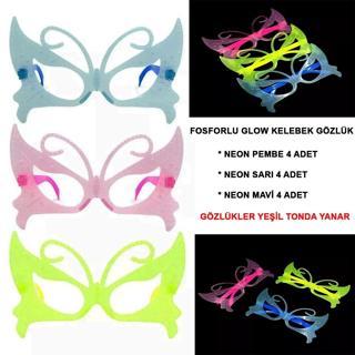 Fosforlu Kelebek Model Glow Parti Gözlüğü Karanlıkta Yanan Gözlükler 12 Adet