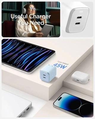 Spigen GaN III 452 45W 2 Portlu Kompakt Katlanabilir USB Şarj Cihazı Beyaz