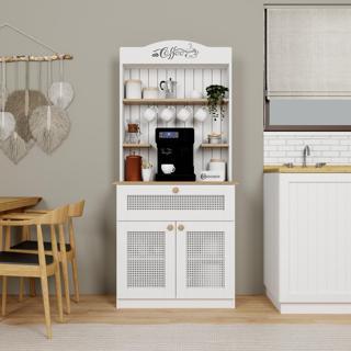 Midoser Lucas 2 Kapaklı Çekmeceli Pvc Hasır Desen Kahve Köşesi & Çok Amaçlı Mutfak Dolabı-Açık Ceviz & Beyaz