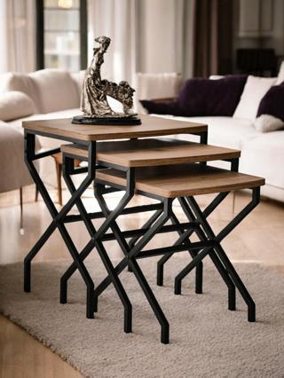 DEKORATİF 3’LÜ ZİGON SEHPA METAL AYAKLI ÇAM AHŞAP KARE MİSAFİR SERVİS SEHPASI ORTA SEHPA