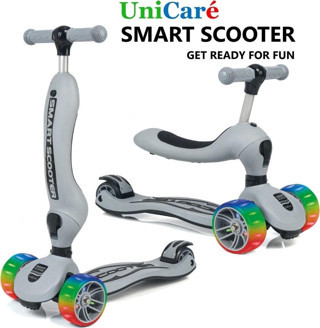 UniCare Smart Oturaklı Çocuk Scooter 3 Tekerlekli Led Işıklı Scooter Yükseklik Ayarlı - Gri