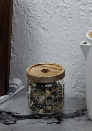Hometarz Timber Cam Kavanoz - Çizgili Saklama Kavanozu - Ahşap Kapaklı, 500 ML